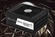 SilverStone HELA 2050R power supply on a building background.