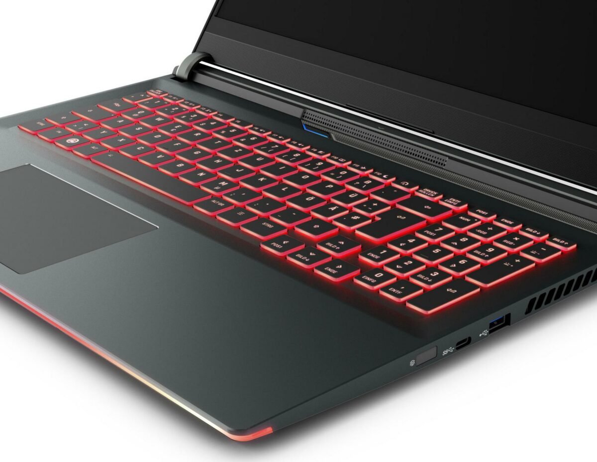 Sirius 16 Linux gaming laptop keyboard with backlit keys.