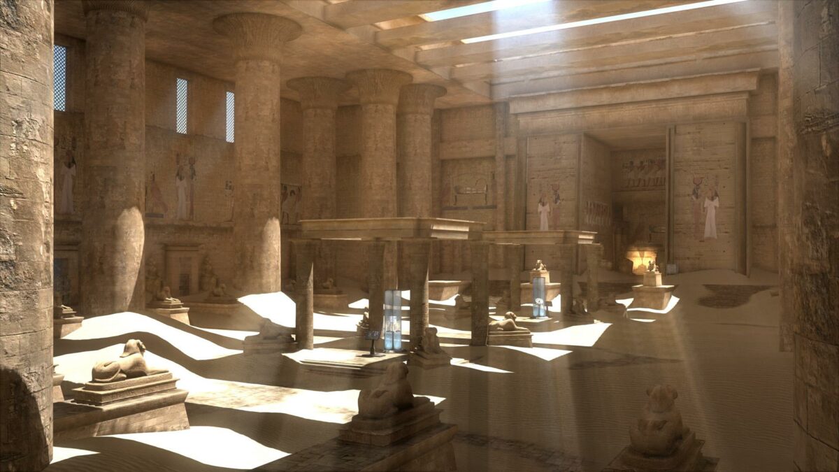 The sun shines through the temple skylight in The Talos Principle.