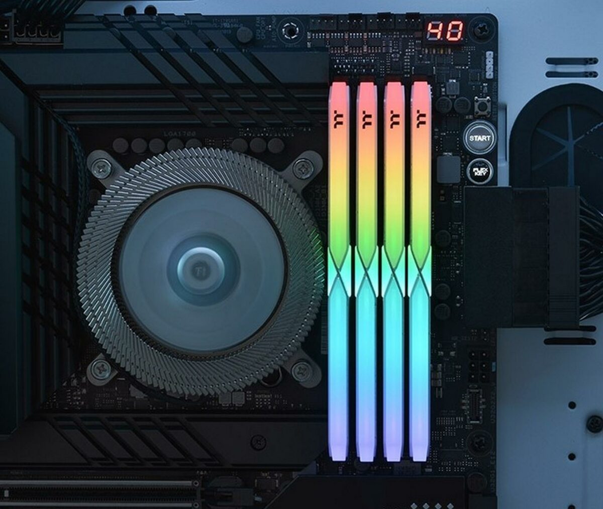 Thermaltake ToughRAM XG RGB D5 RGB lighting next to a CPU cooler.