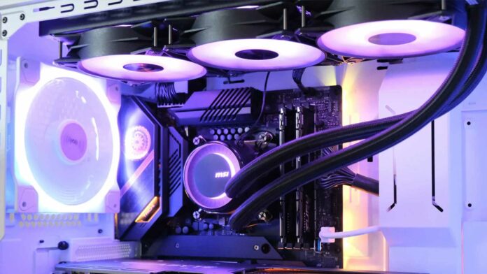 The best CPU cooler is the MSI MAG CoreLiquid E360, seen here shining purple.