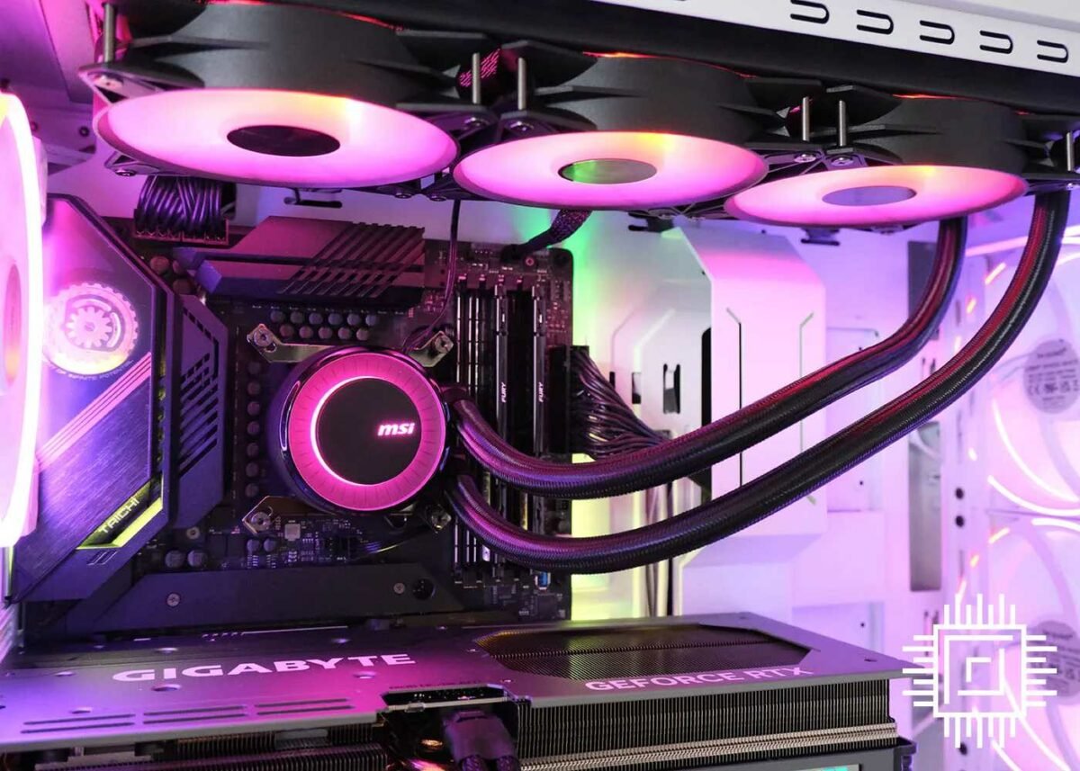 Our best CPU cooler, the MSI MAG CoreLiquid E360 AIO, sitting in a gaming PC, glowing purple.