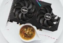 Asus RTX 3050 graphics card on a food plate.