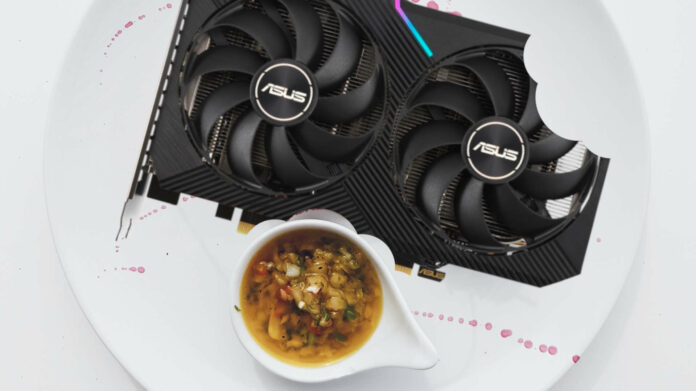 Asus RTX 3050 graphics card on a food plate.