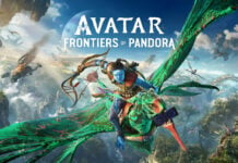 Avatar Frontiers of Pandora video game poster showing a Na'vi riding a banshee.