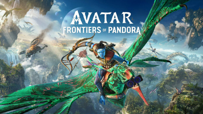 Avatar Frontiers of Pandora video game poster showing a Na'vi riding a banshee.