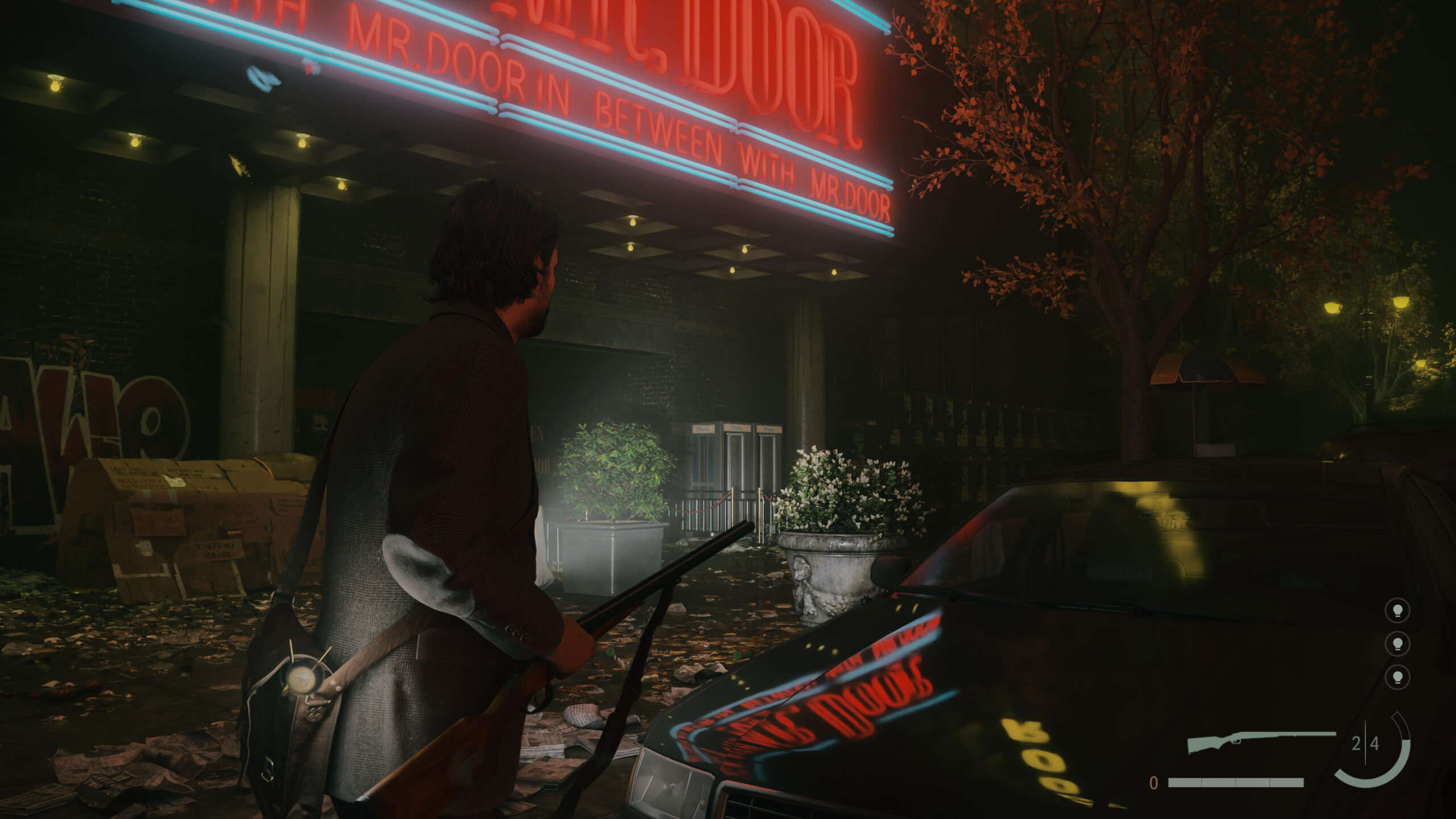 Alan Wake 2 showing good reflections on car bonnet.