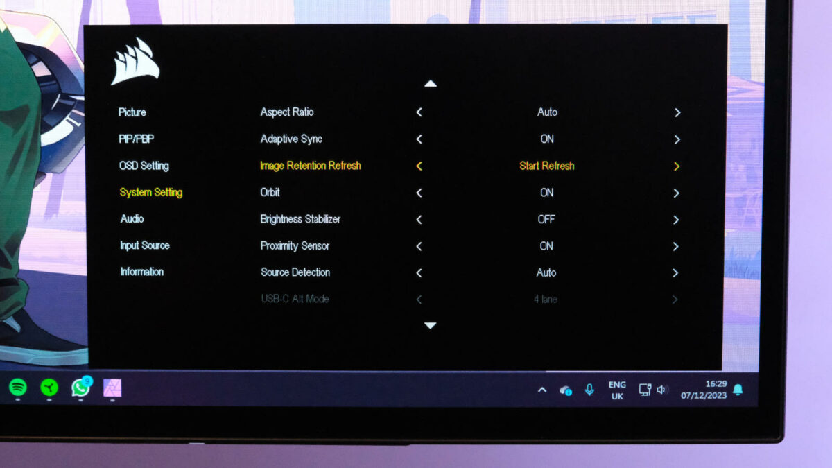 Corsair Xeneon 27QHD240 OLED monitor on-screen display showing the Image Retention Refresh option.