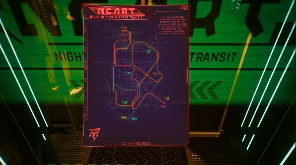 Cyberpunk 2077 Update 2.1 - Detailed map of the NCART metrorail.