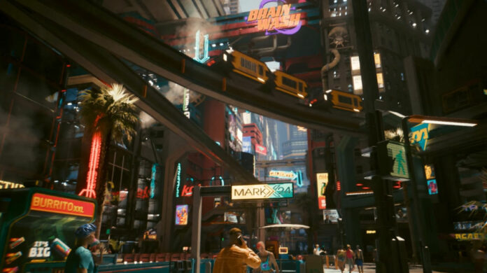 Cyberpunk 2077 Update 2.1 - NCART metro runs above Night city allowing for a decent view of the open world.