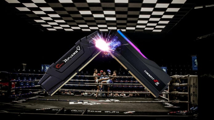 DDR4 and DDR5 RAM modules fighting on a ring.