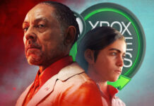 Far Cry 6 antagonist Antón Castillo and his son Diego on a blue and red background.