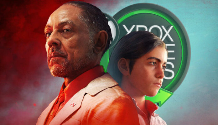 Far Cry 6 antagonist Antón Castillo and his son Diego on a blue and red background.