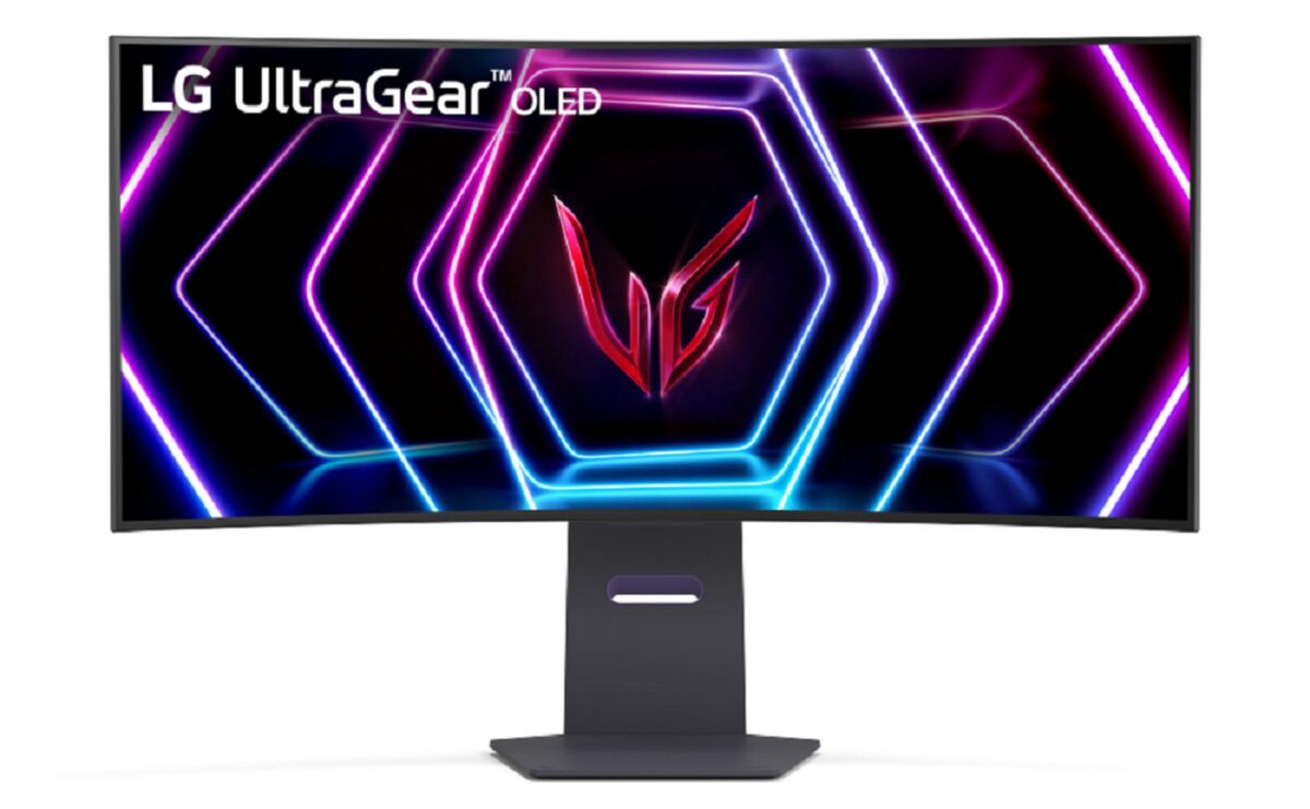 Front of an Ultrawide LG UltraGear OLED Gaming Monitor.