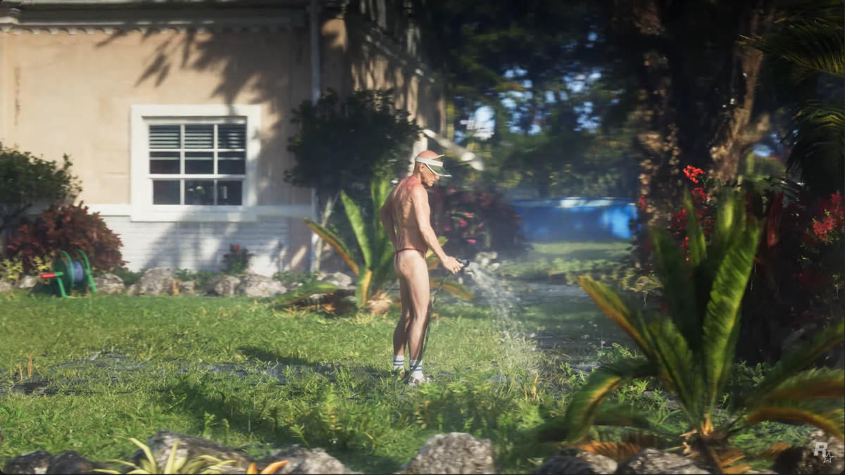 GTA 6 Trailer - A half naked Florida Man hosing down lawn.