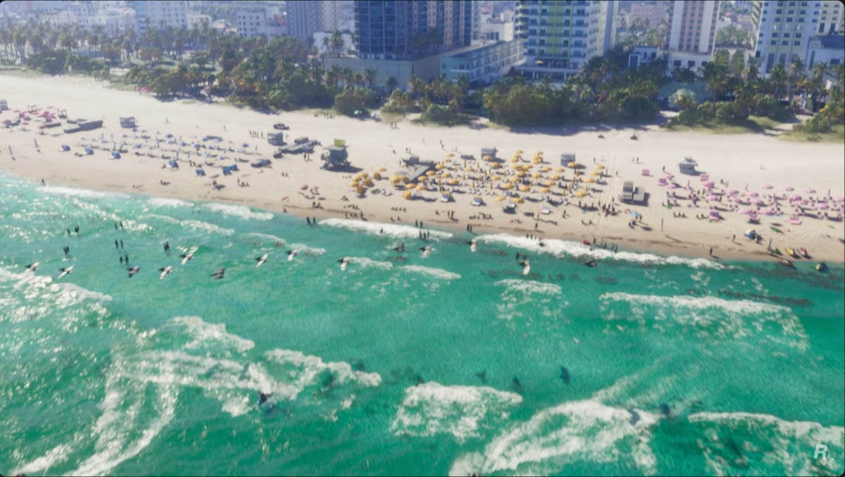 GTA 6 Trailer - Bird View of Vice Beach featuring birds in formation.