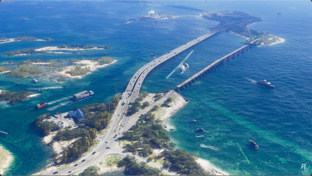 GTA 6 Trailer - Birds eye view of highway and interconnected islands.