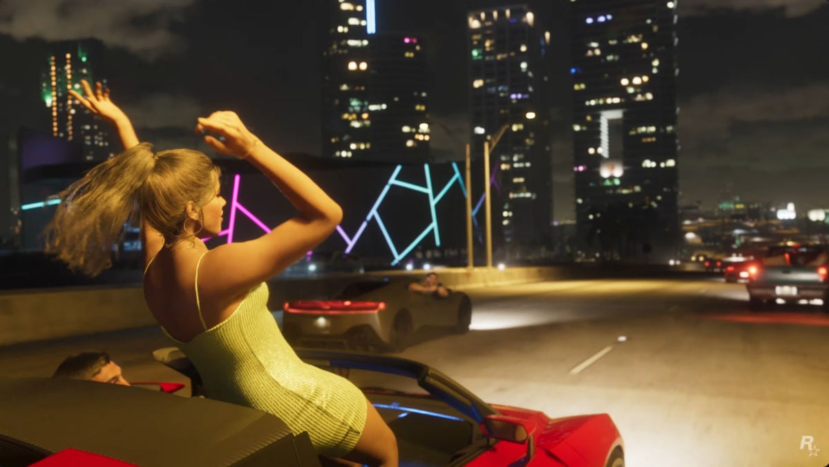 GTA 6 Trailer - Lucia and Jason in luxury car getting filmed in what seems to be a social media post.