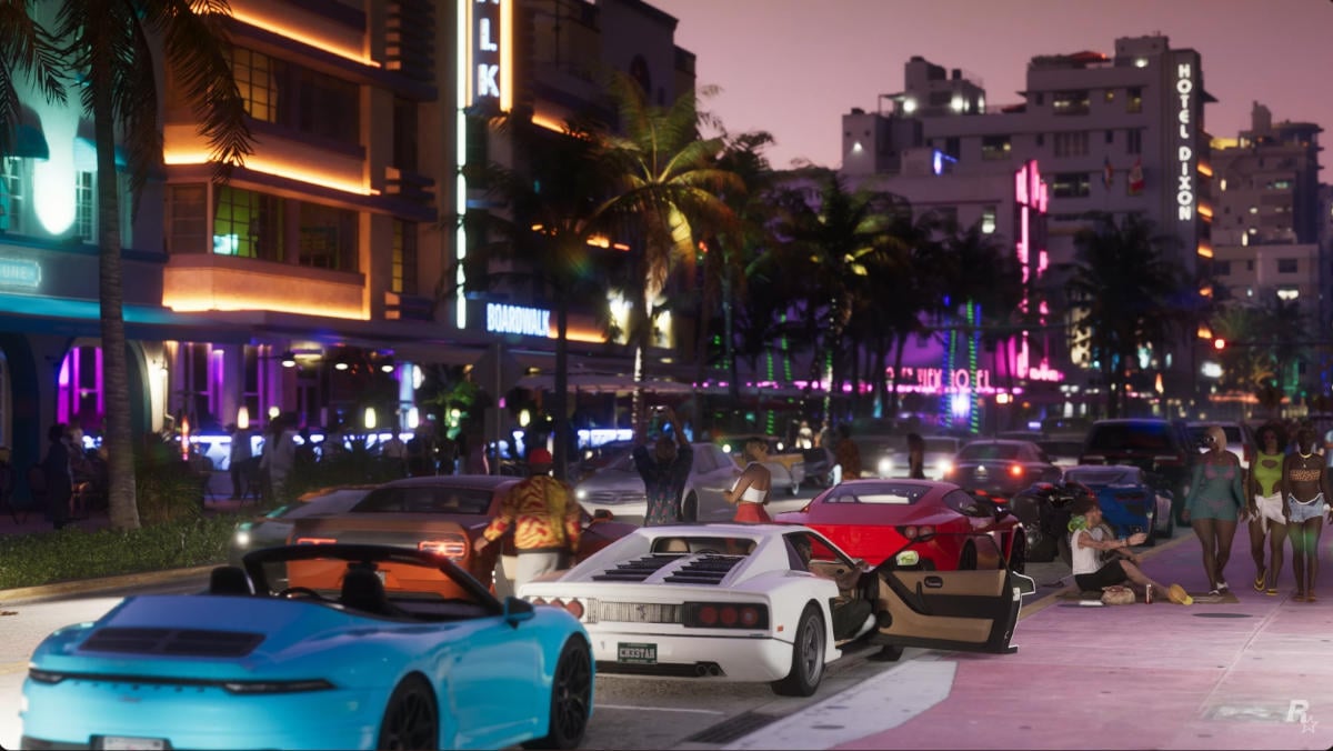 GTA 6 Trailer -Reimagined sunset strip in Miami featuring flashy cars.