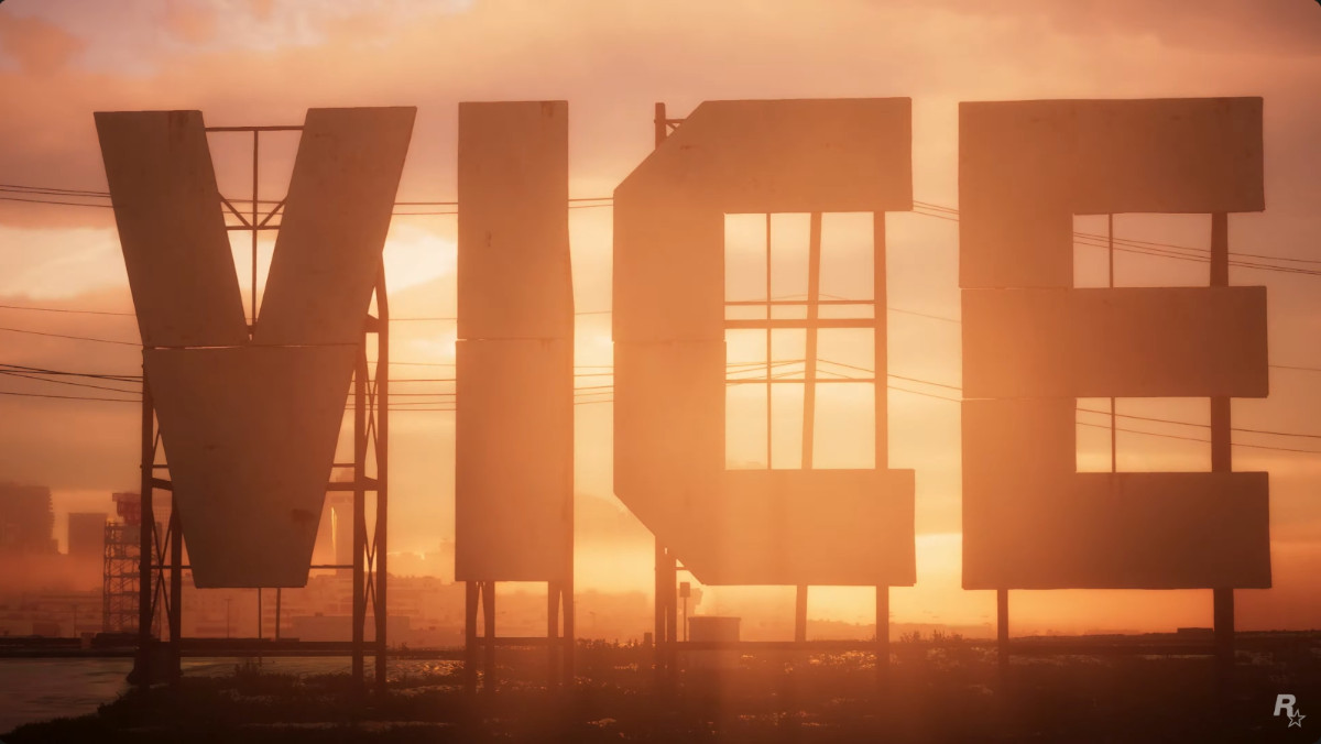 GTA 6 Trailer - VIce City signage amidst glowing sunset.