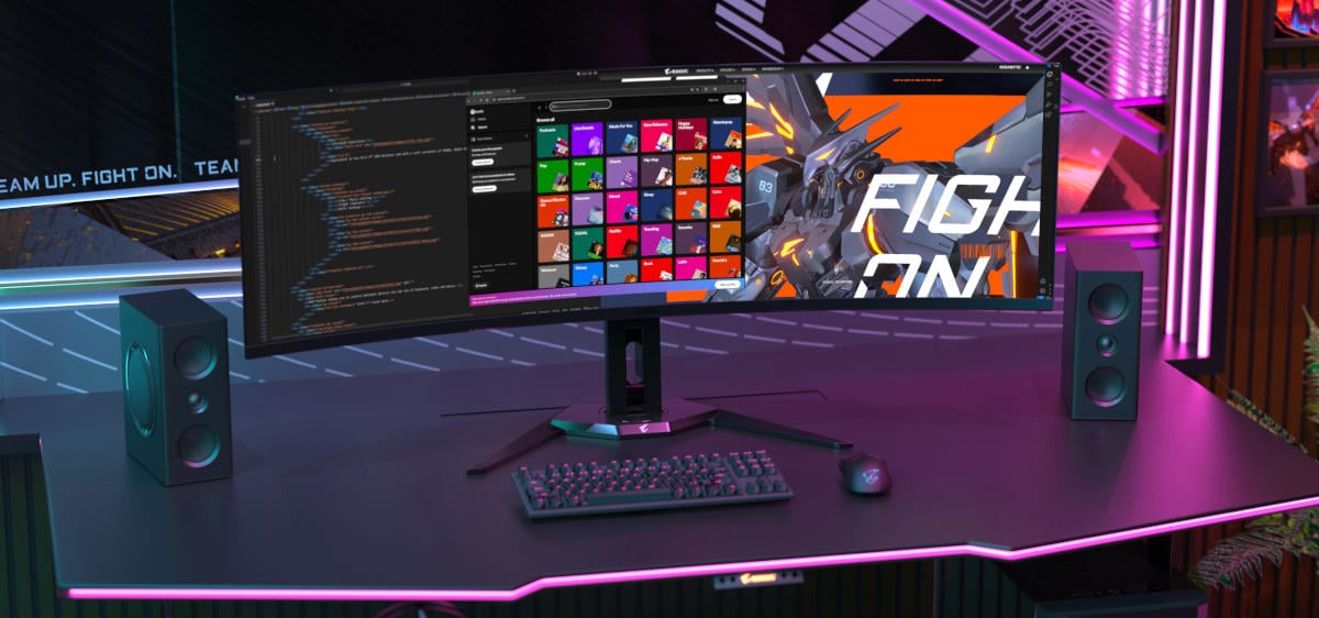 Gigabyte Aorus CO49DQ gaming monitor render amidst flash RGB background and other Gigabyte products.