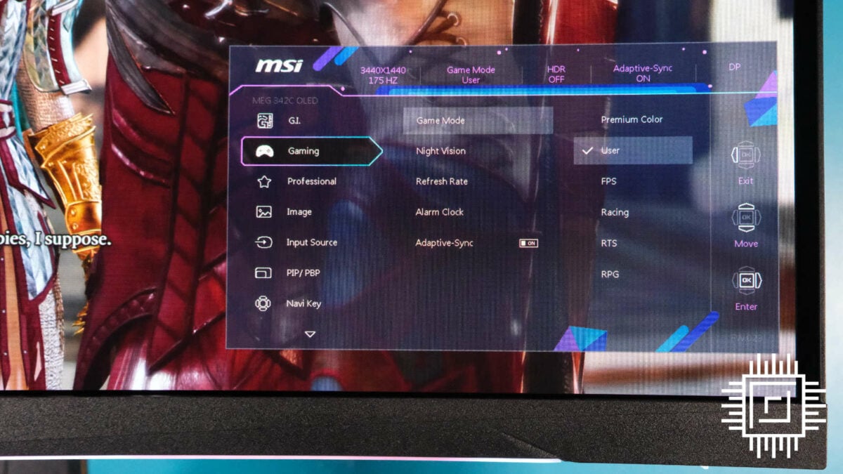 MSI MEG 342C QD-OLED on-screen display, with refresh rate, resolution, profiles, and a bunch of options.