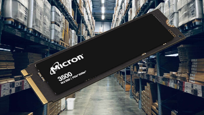 Micron 3500 NVMe SSD on warehouse background.