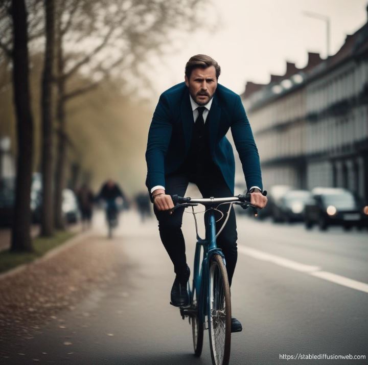 A picture of an angry man riding a bicycle.