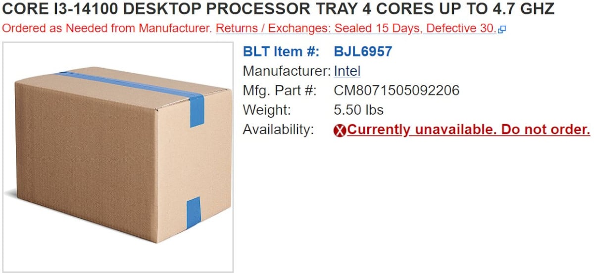 The Intel Core i3-14100 listing has since been set to unavailable for order on ShopBLT.
