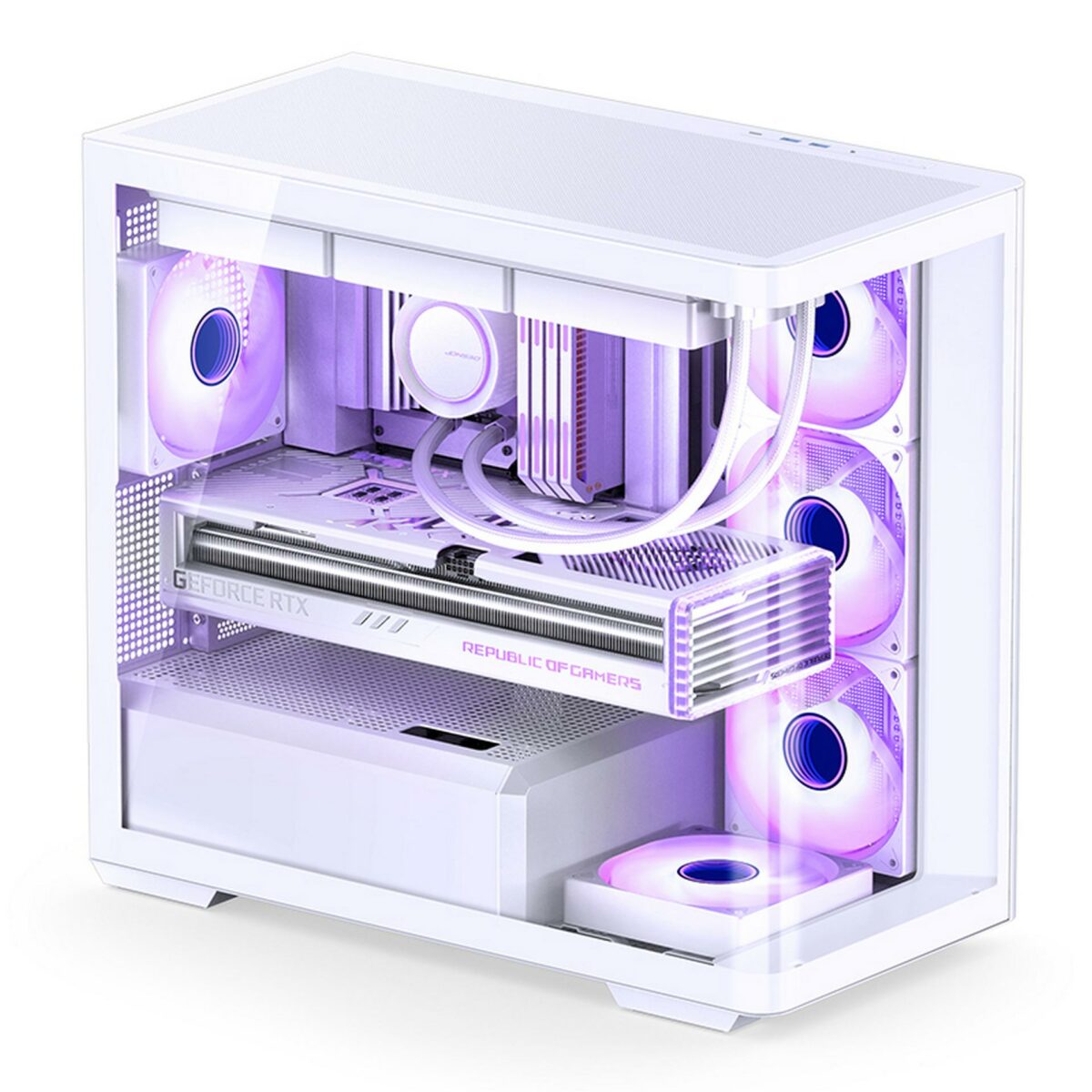 White Jonsbo D300 PC chassis right side view with RGB on.
