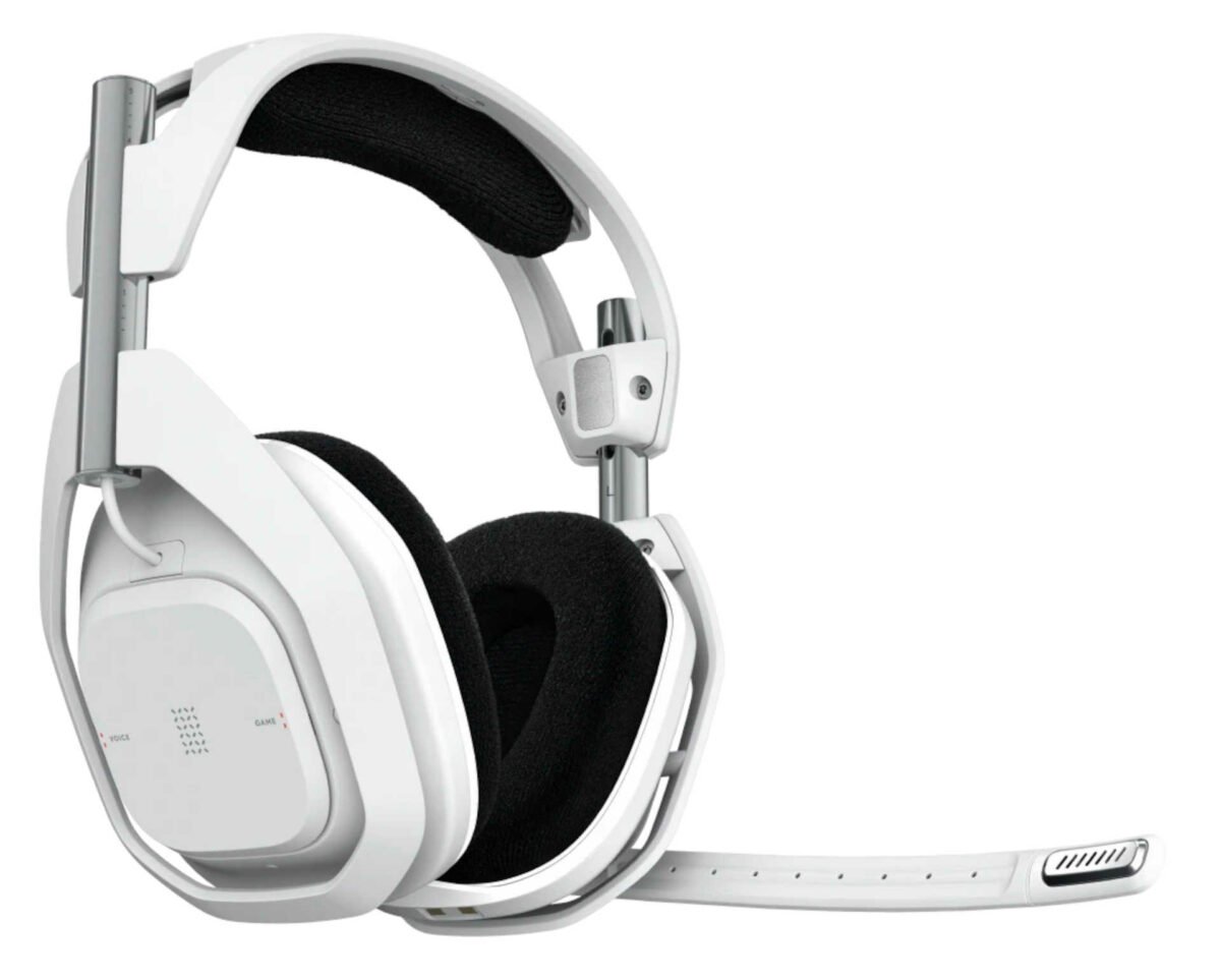 White Logitech G ASTRO A50 X wireless gaming headset side.
