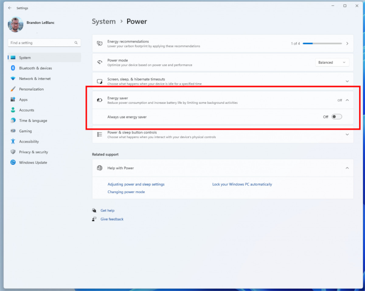 Windows 11 Energy Saver in System and Power Settings.