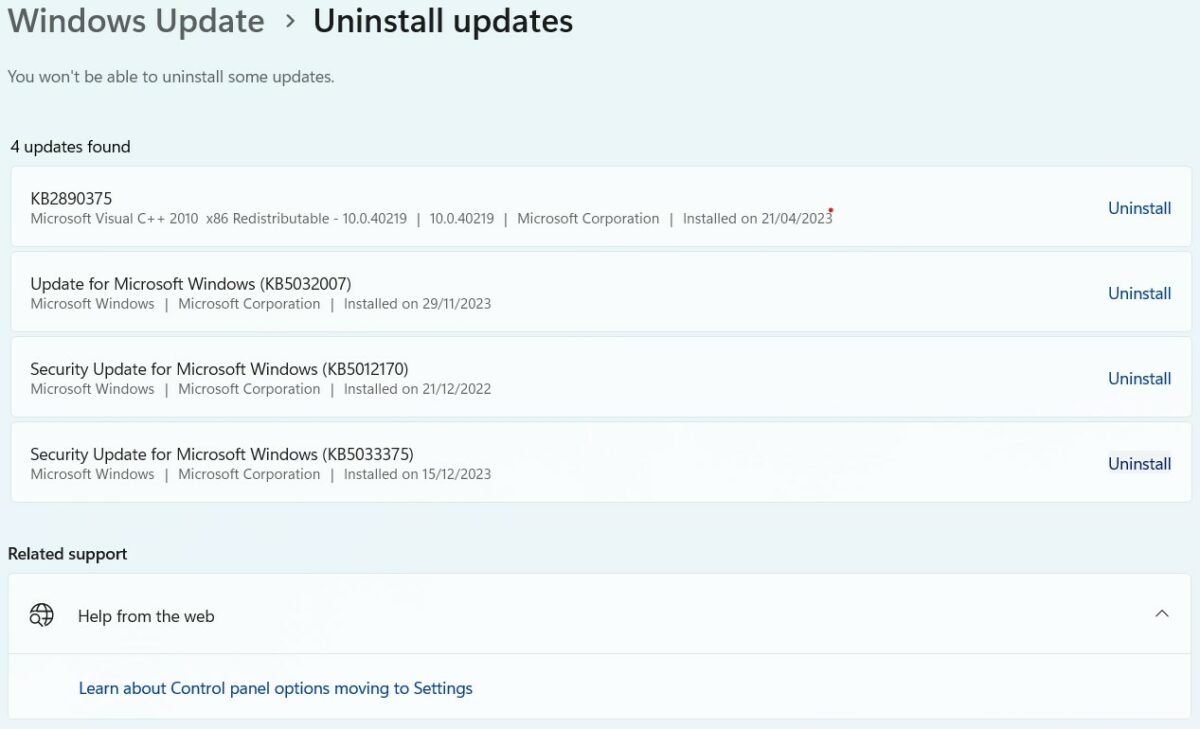 Windows 11 Settings - Uninstall KB5033375.