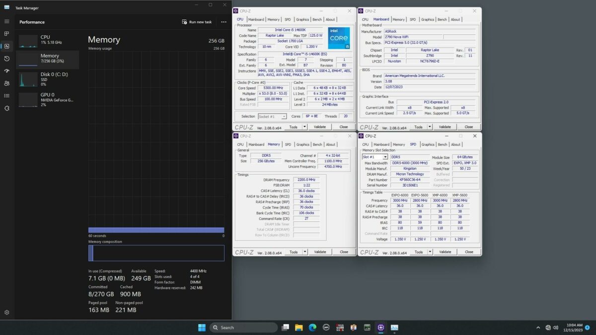 Windows showing an ASRock motherboard running 256GB of RAM.