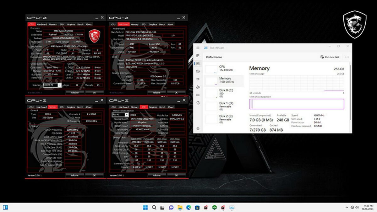 Windows showing an MSI motherboard running 256GB of RAM.