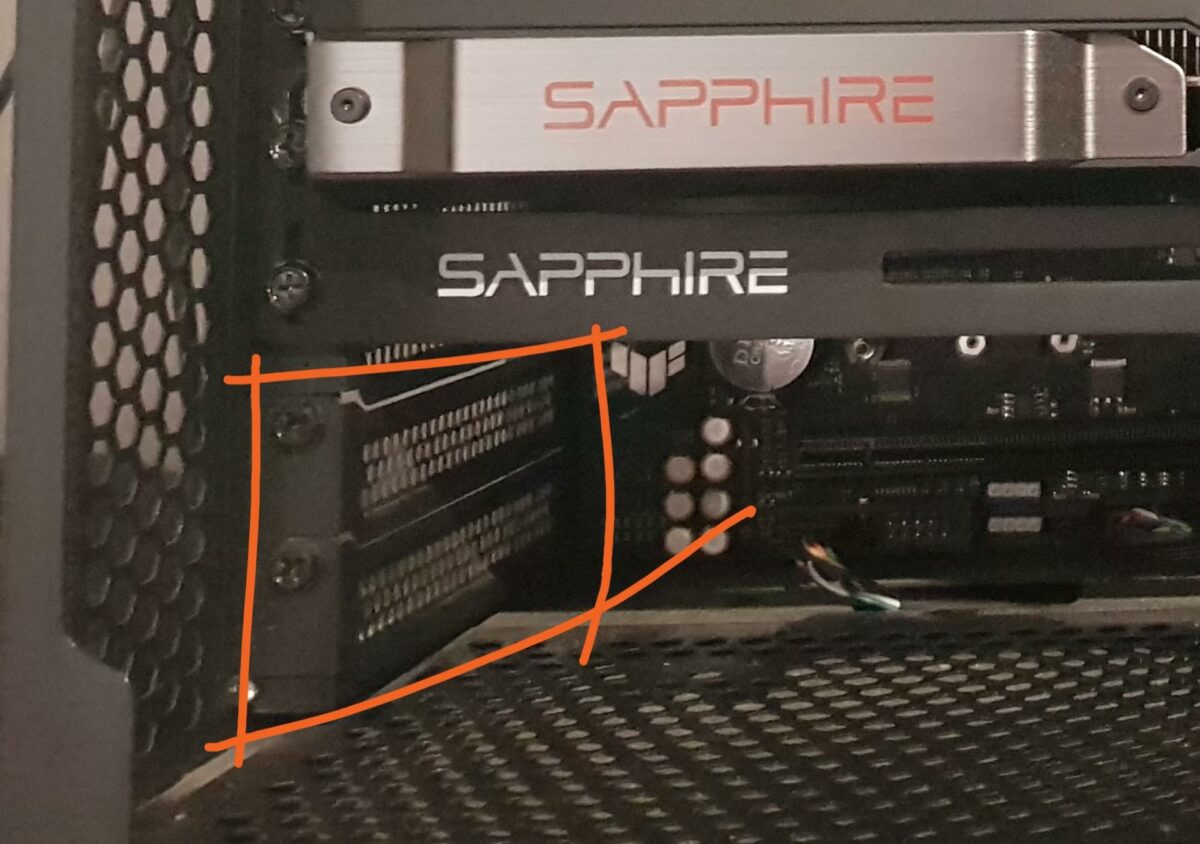 I/O shields on a chassis near the graphics card.