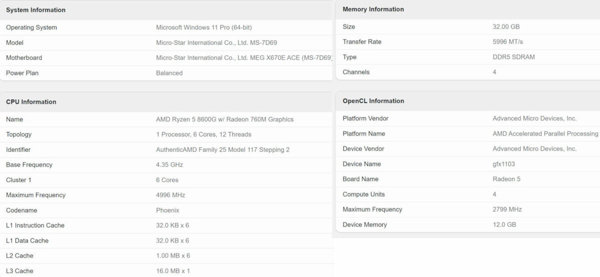 AMD Ryzen 5 8600G APU Specs.