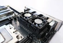 ASRock TRX50 WS motherboard from three-quarter angle.