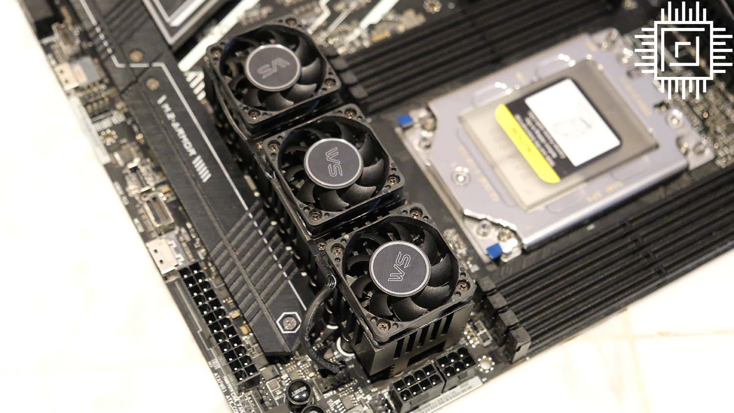 ASRock WRX90 WS Evo motherboard has five active fans on the heatsinks.