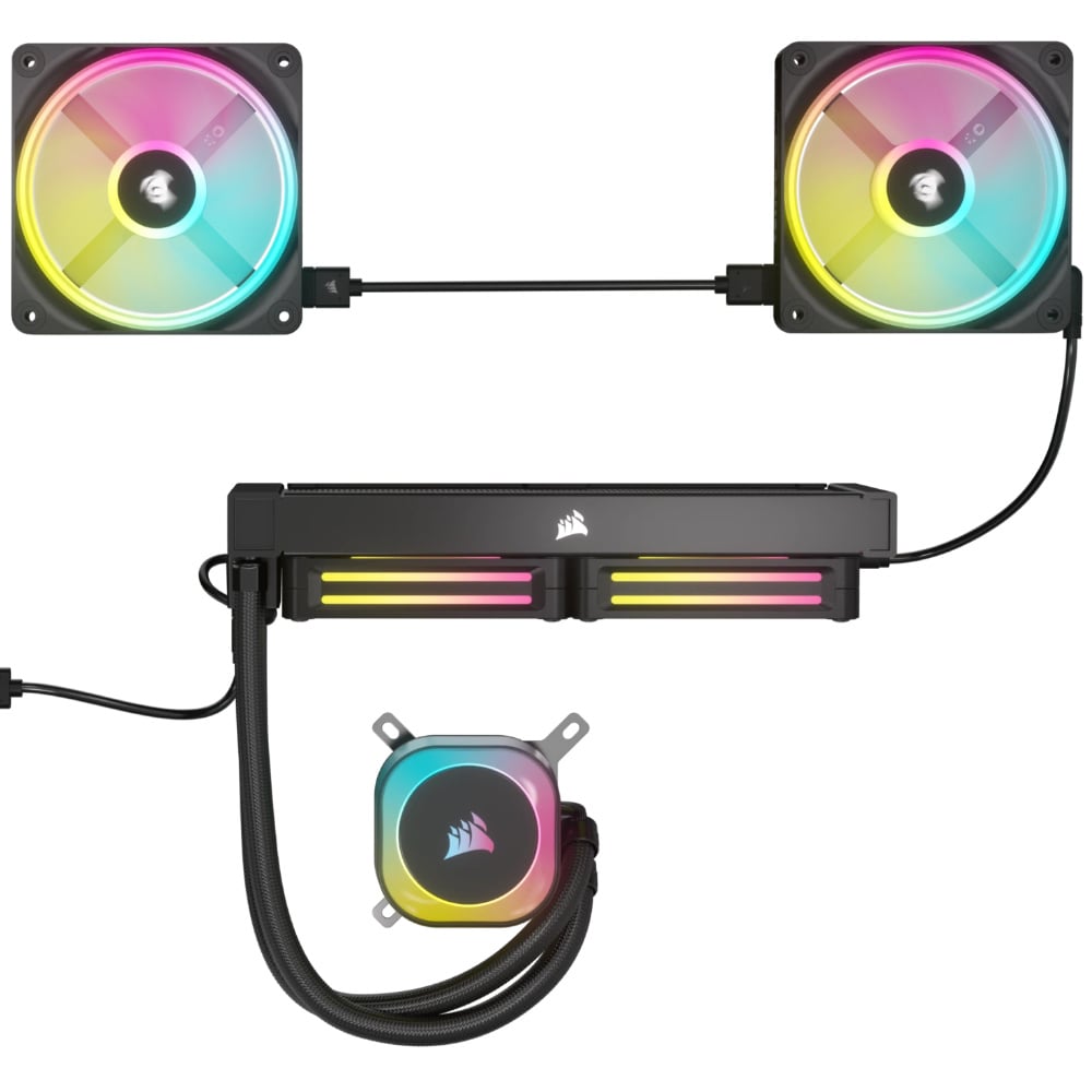 A Corsair iCUE Link AIO cooler daisy chains to QX120 fans.