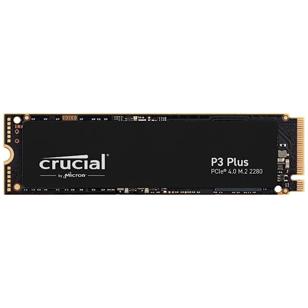 Crucial P3 Plus PCIe 4.0 NVMe SSD against a white background.