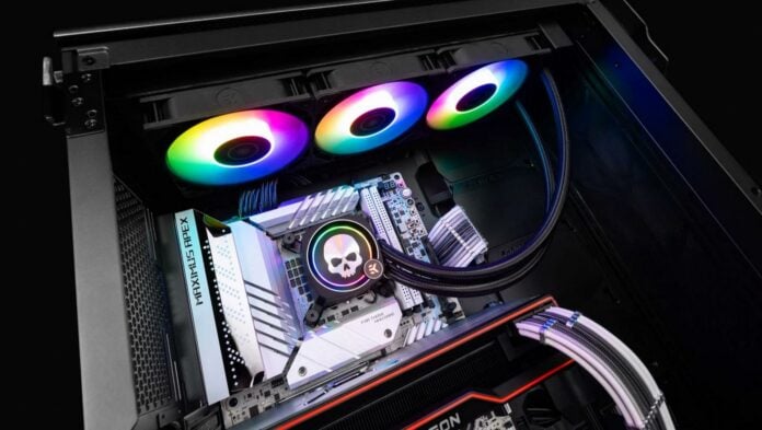 EK-Nucleus AIO CR360 Direct Die D-RGB 1700 cooler installed in a gaming PC.