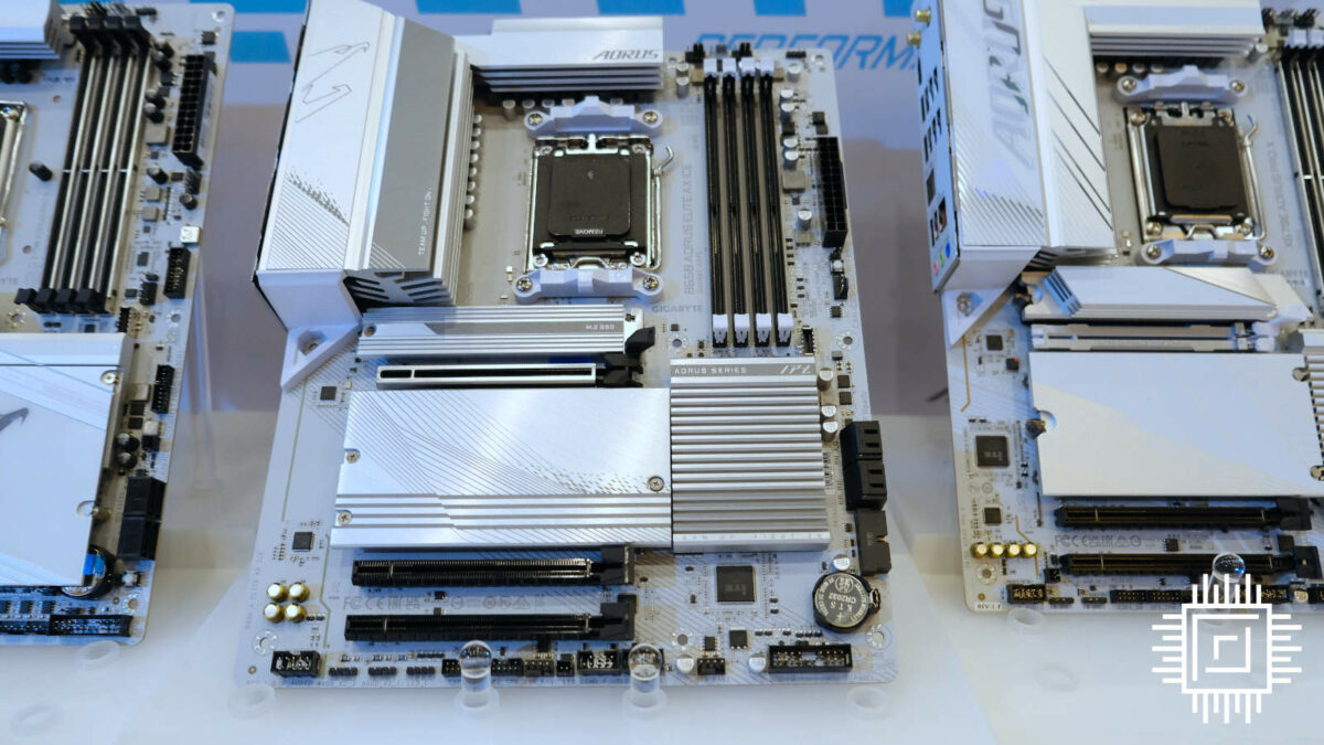 Gigabyte's ice white B650 Aorus Elite X motherboard with black PCIe and RAM slots.