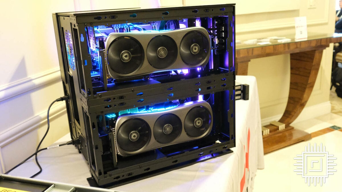 InWin ModFree AI Workstation with the side panel off, showing its GPUs.
