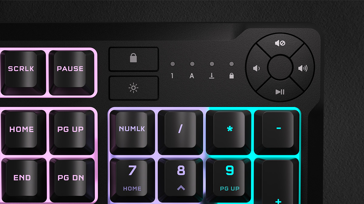 A closer look at the media and function keys of the Corsair K55 Core.