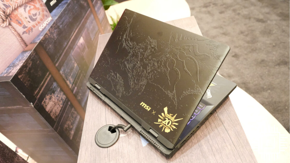 MSI gaming laptop shell with intricate Monster Hunter Rathios design.