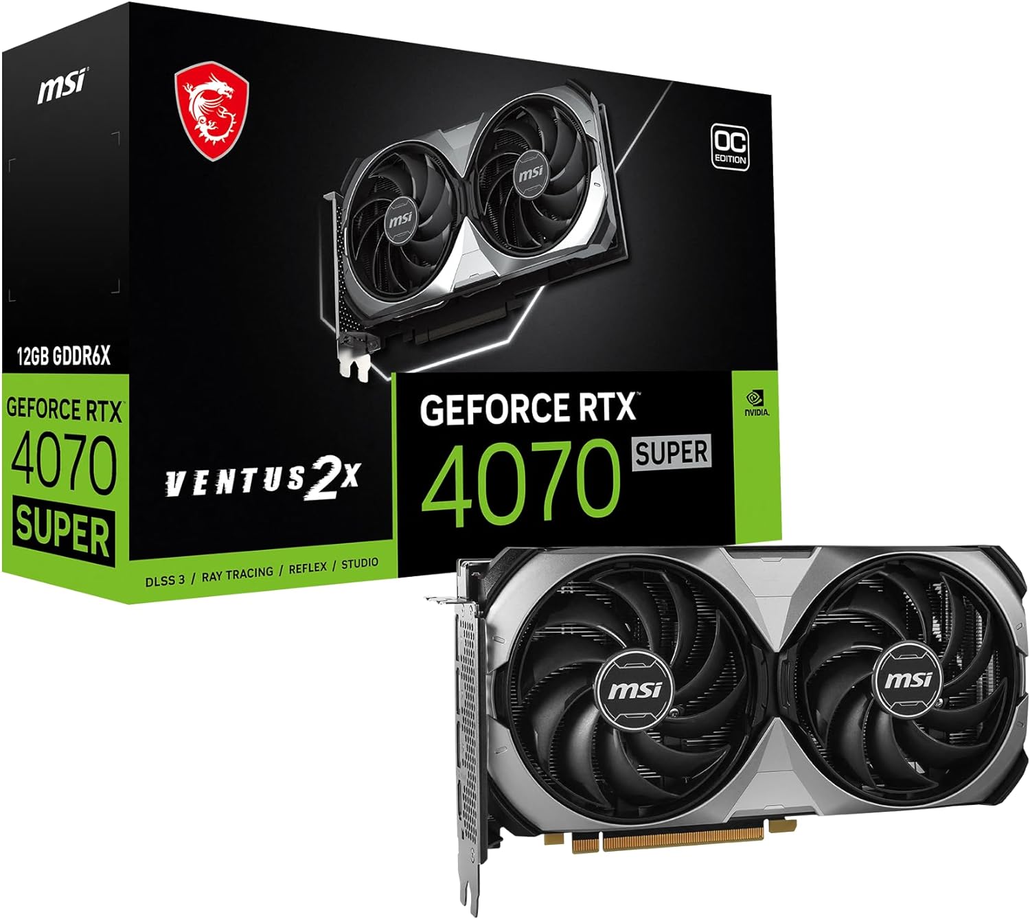 MSI GeForce RTX 4070 Super graphics card against its retail box.