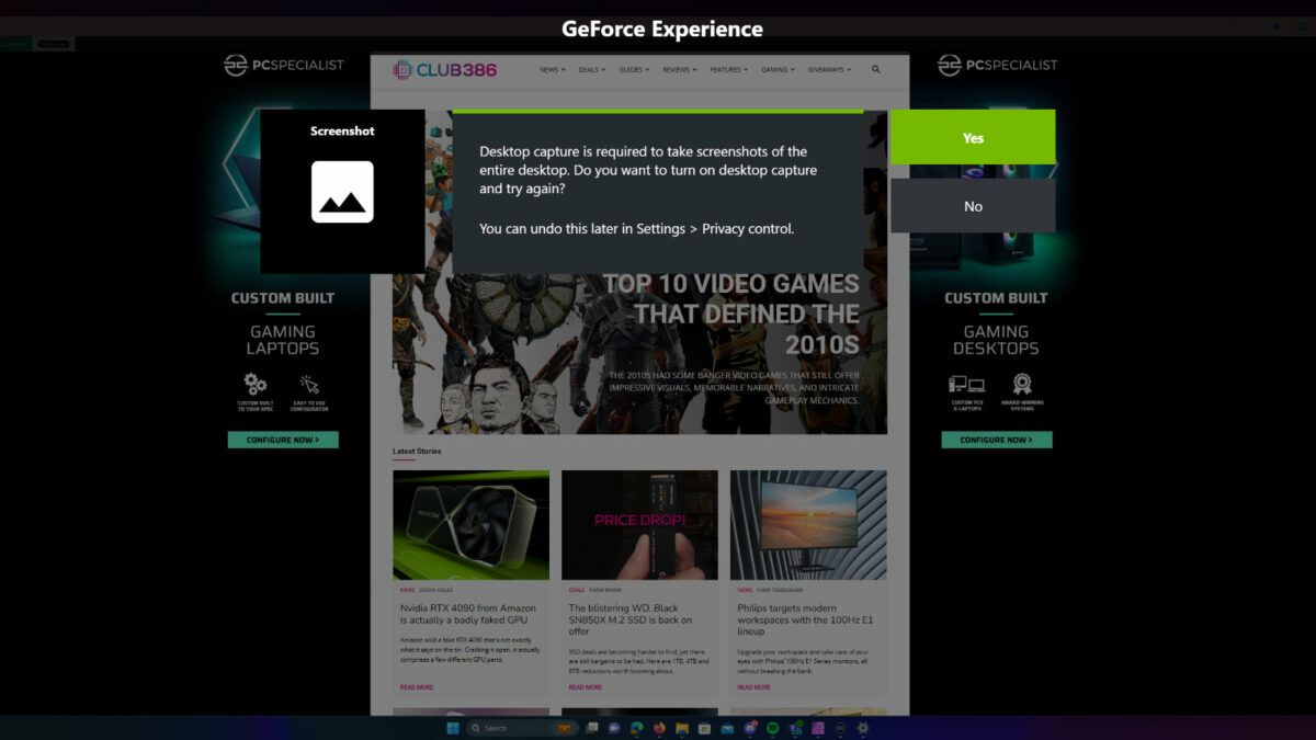 Nvidia GeForce Experience screenshot setup page.