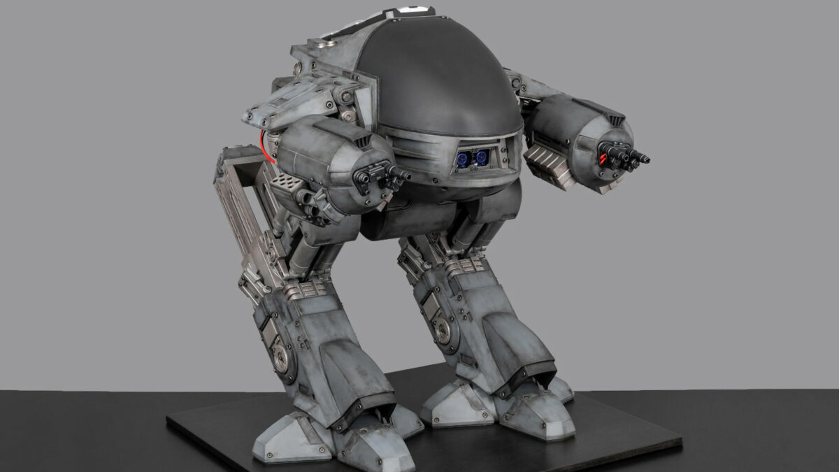 Robocop ED-209 gaming PC mod standing with guns armed.