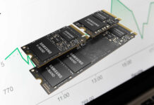 Samsung M.2 SSDs on a market price chart background.